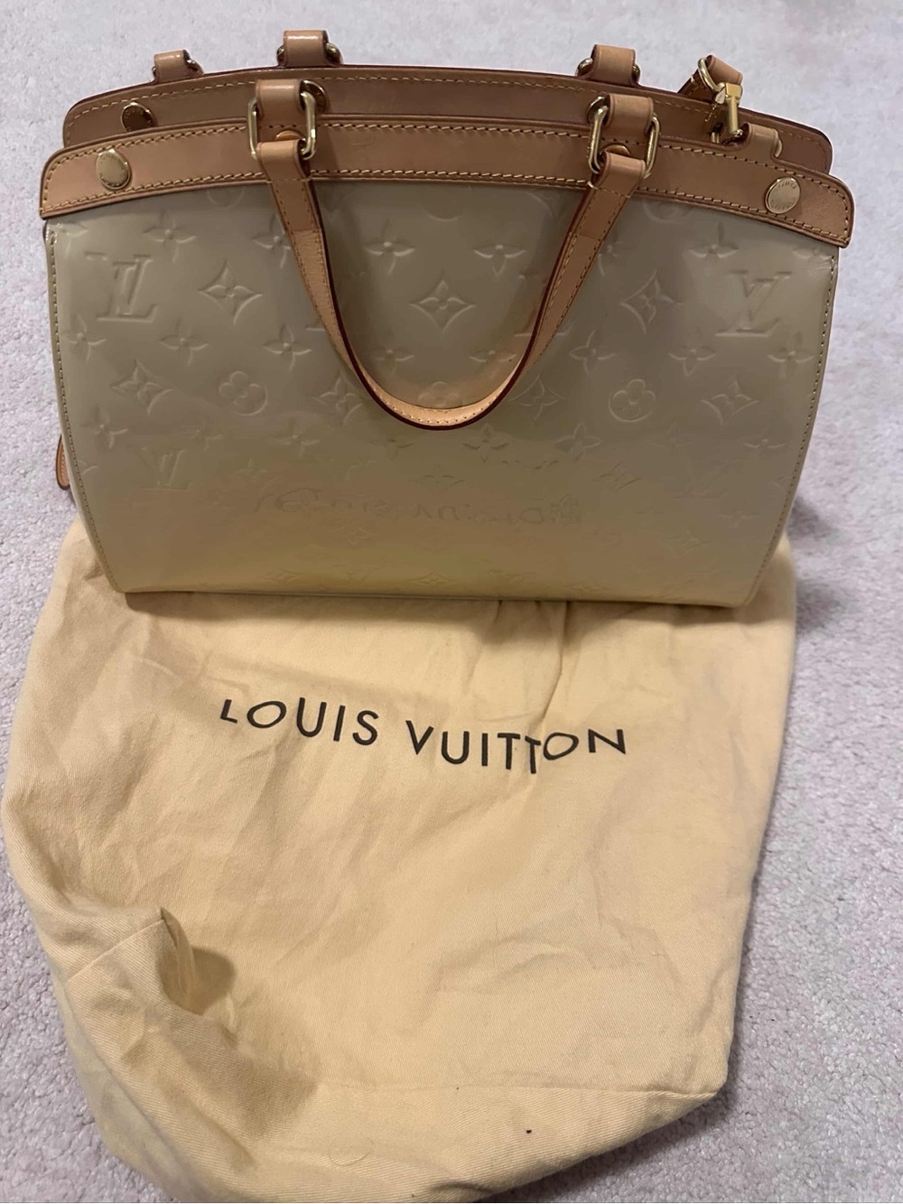 Louis Vuitton Beige Patent Vernis Satchel with Tan Leather Trim